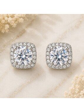 Vintage Clear Swarovski Crystal Halo Stud Earrings Sterling Silver Overlay 9.5mm